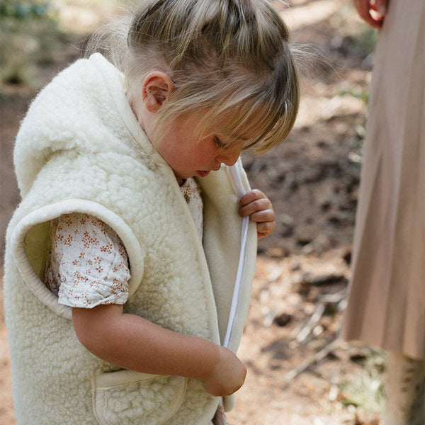 Kinderweste Wolle Beige mit Kapuze - Reißverschluss