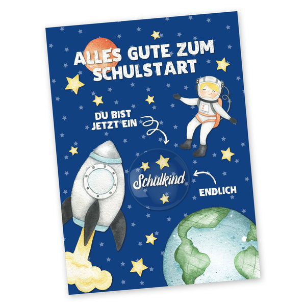 Postkarte + einzelner Button Astronaut Einschulung