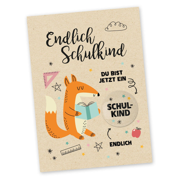 Postkarte + einzelner Button Endlich Schulkind Fuchs