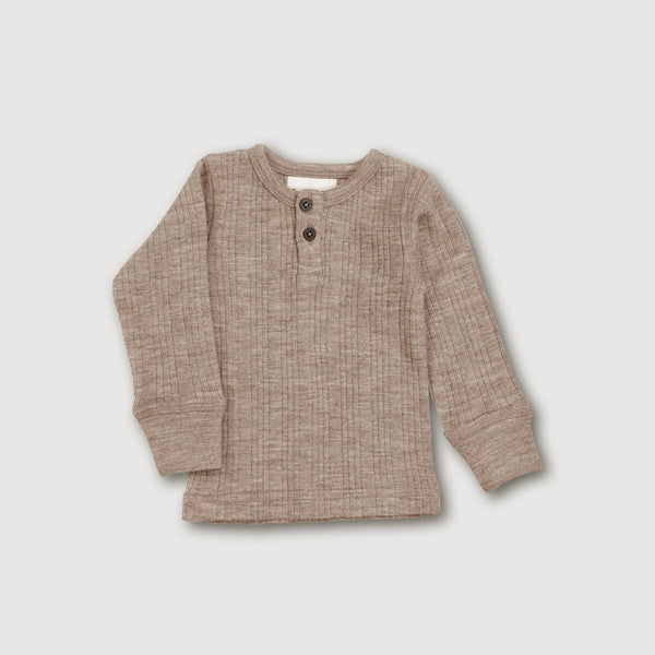 Henley-Top aus Wolle mit Rippstrick - Sandfarben