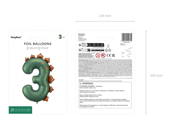 Folienballon Zahl ''3'' Dinosaurier