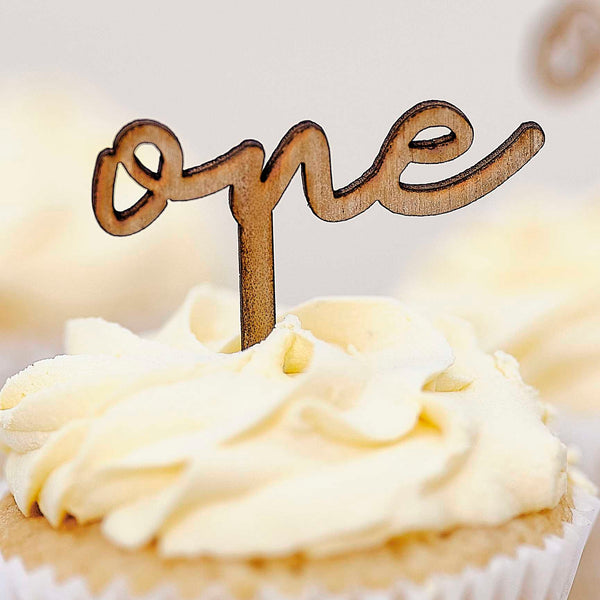 Wooden 'One' 1st Birthday Cupcake Toppers